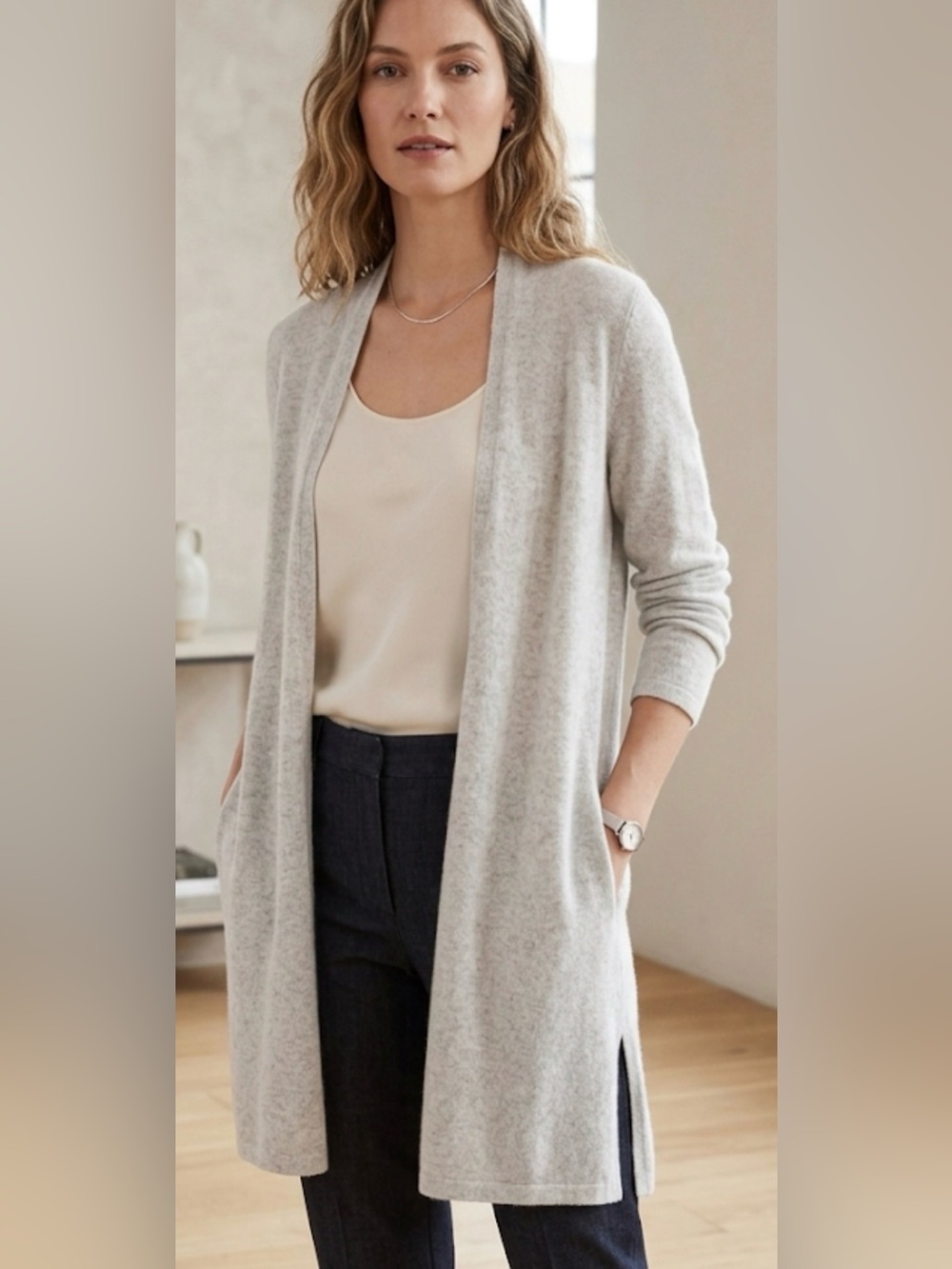 Eileen Fisher Light Gray Open-Front 100% Cashmere Cardigan